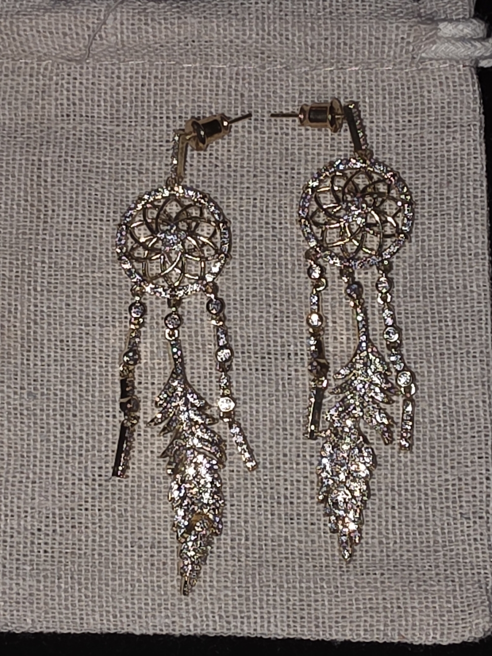 Anthropologie Gold Dreamcatcher Feather Crystal Dangle Earrings